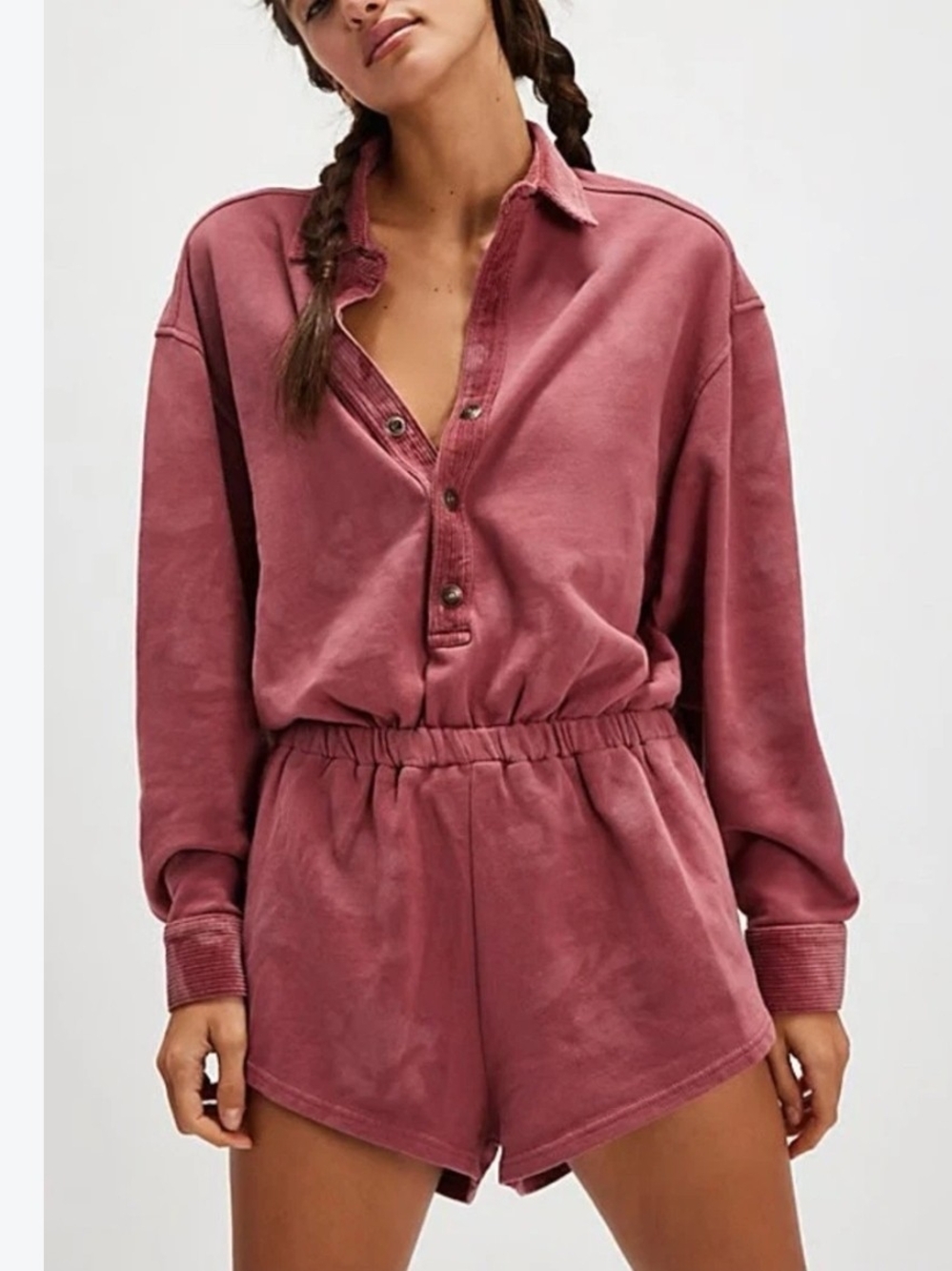 We The Free Carson Washed Collared Button Front Romper Elastic Waist Size S